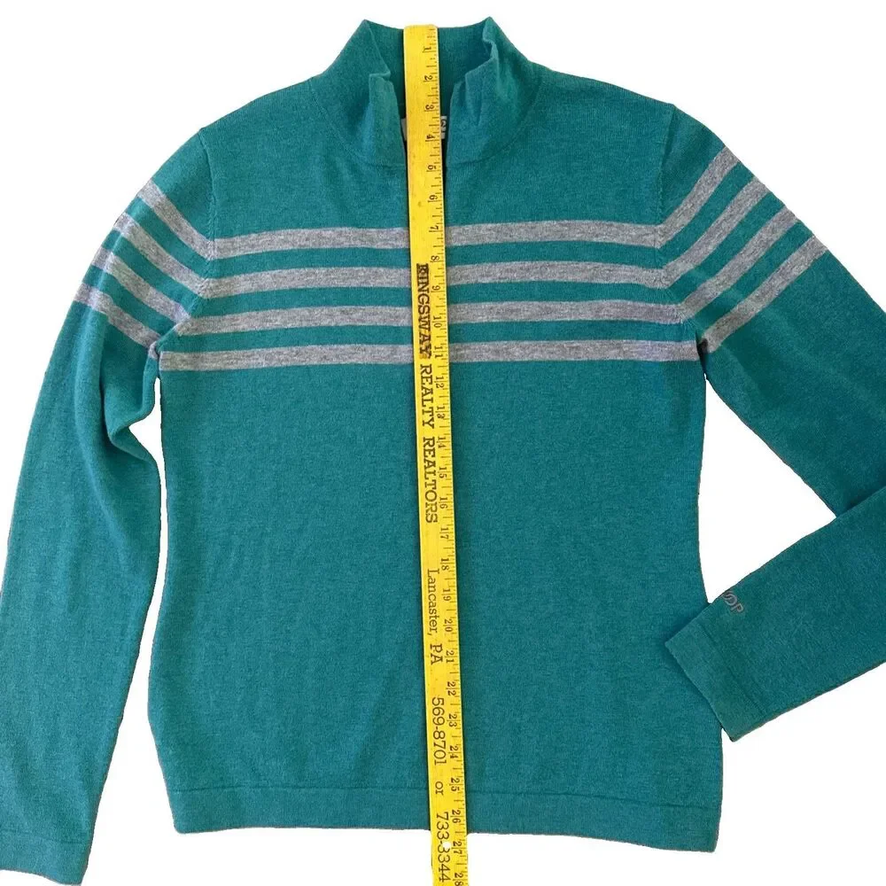 SKHOOP Merino Wool Blend 1/4 Zip Sweater Womens Sz M Teal Gray Mariner Striped